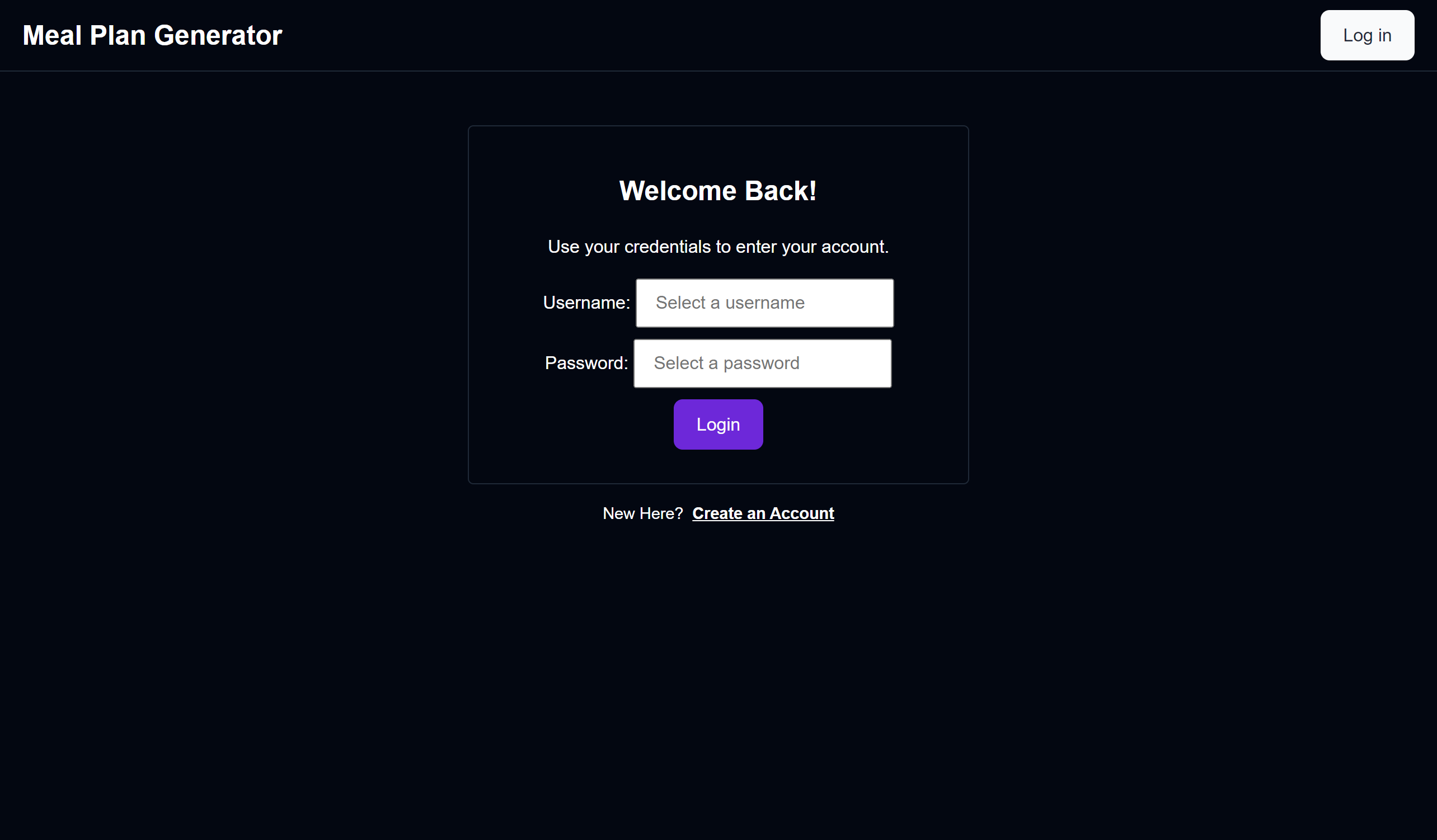 Login page - desktop view, dark mode