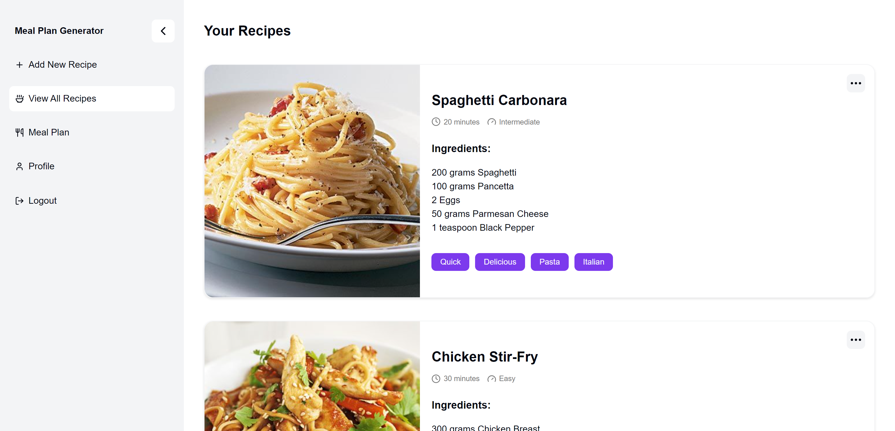 Meal Plan Generator dashboard - desktop view, light mode