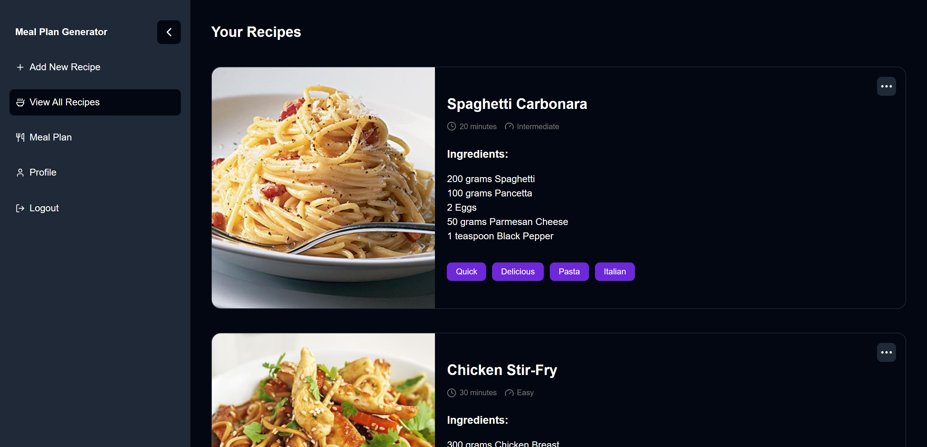 Meal Plan Generator dashboard - desktop view, dark mode