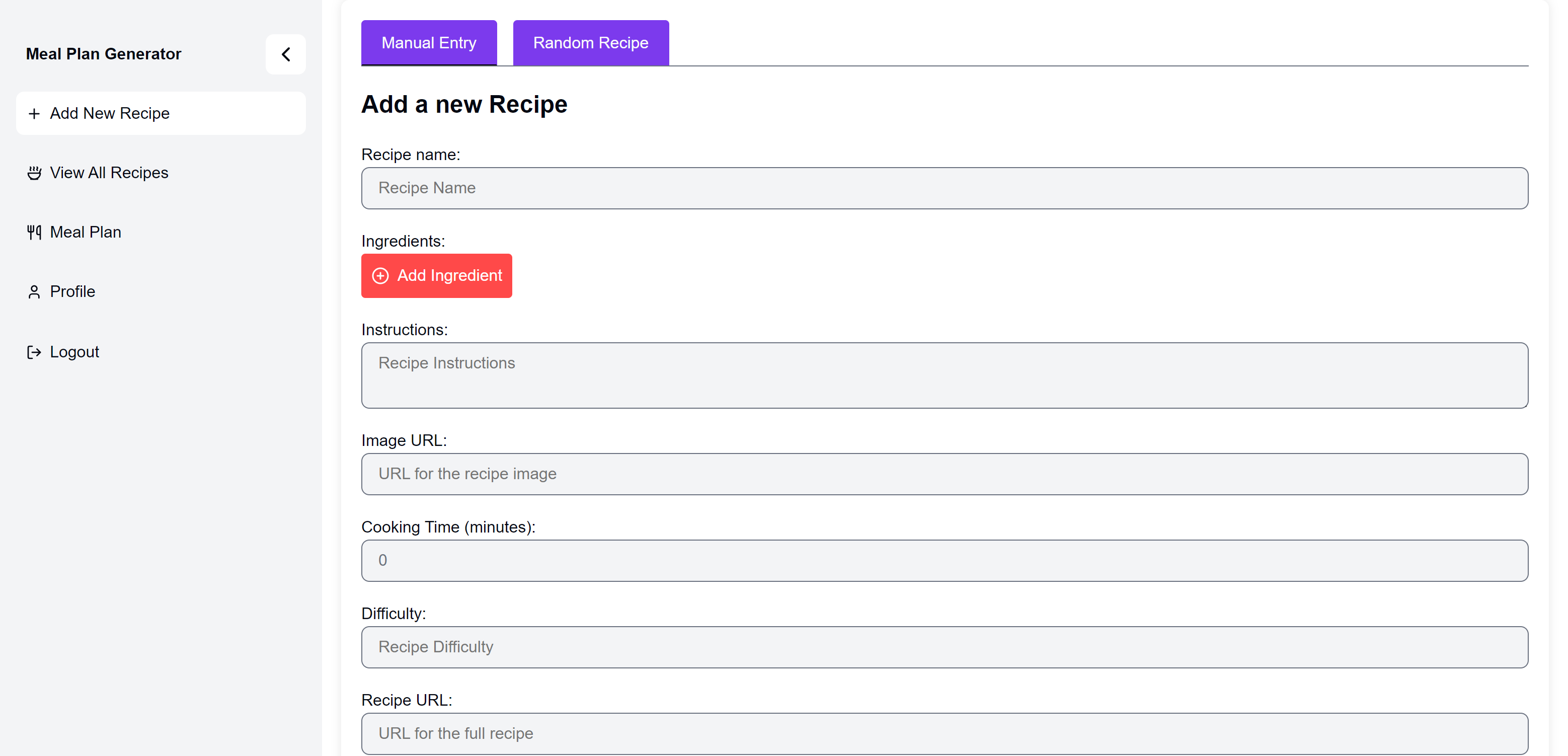 Add new Recipe page - desktop view, light mode