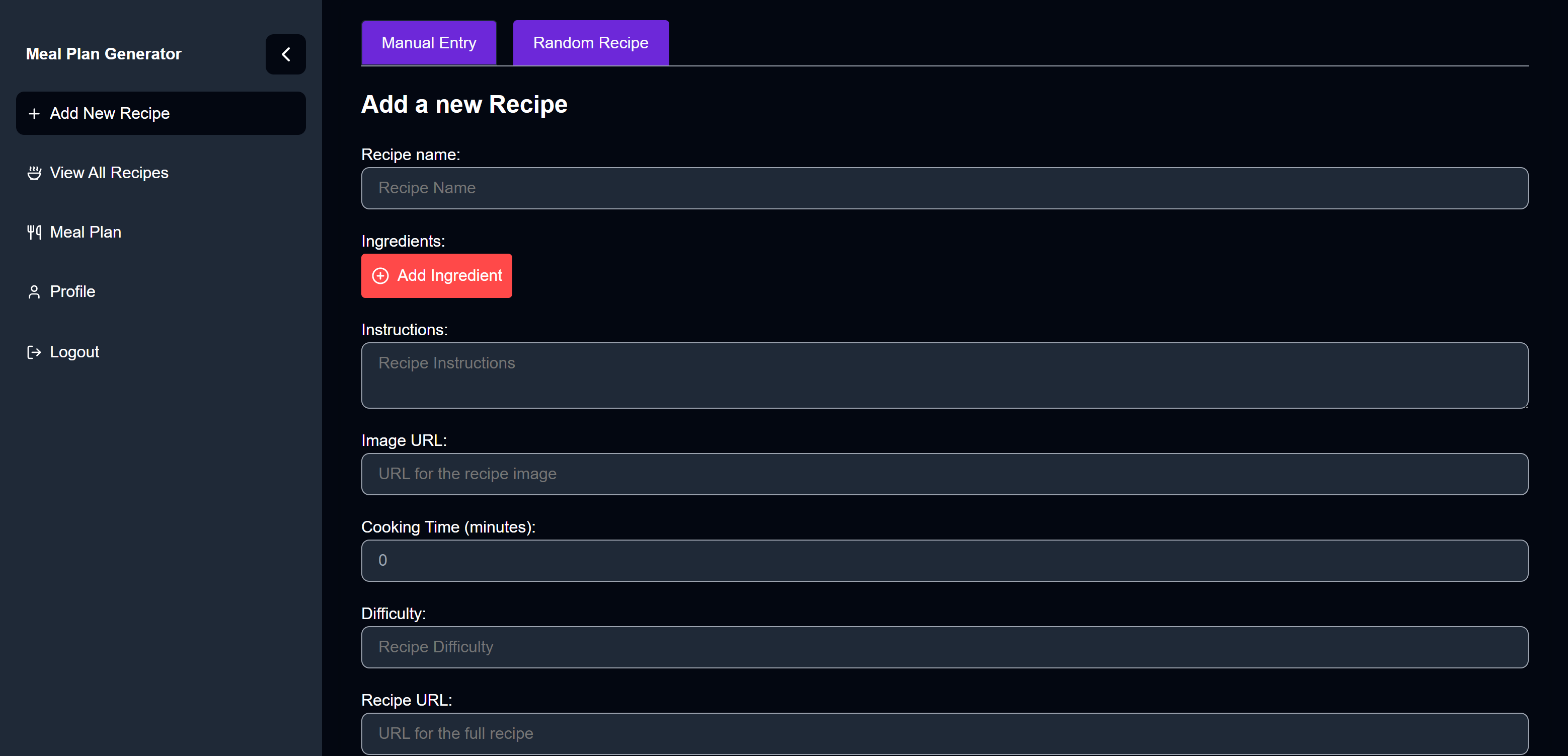 Add new Recipe page - desktop view, dark mode