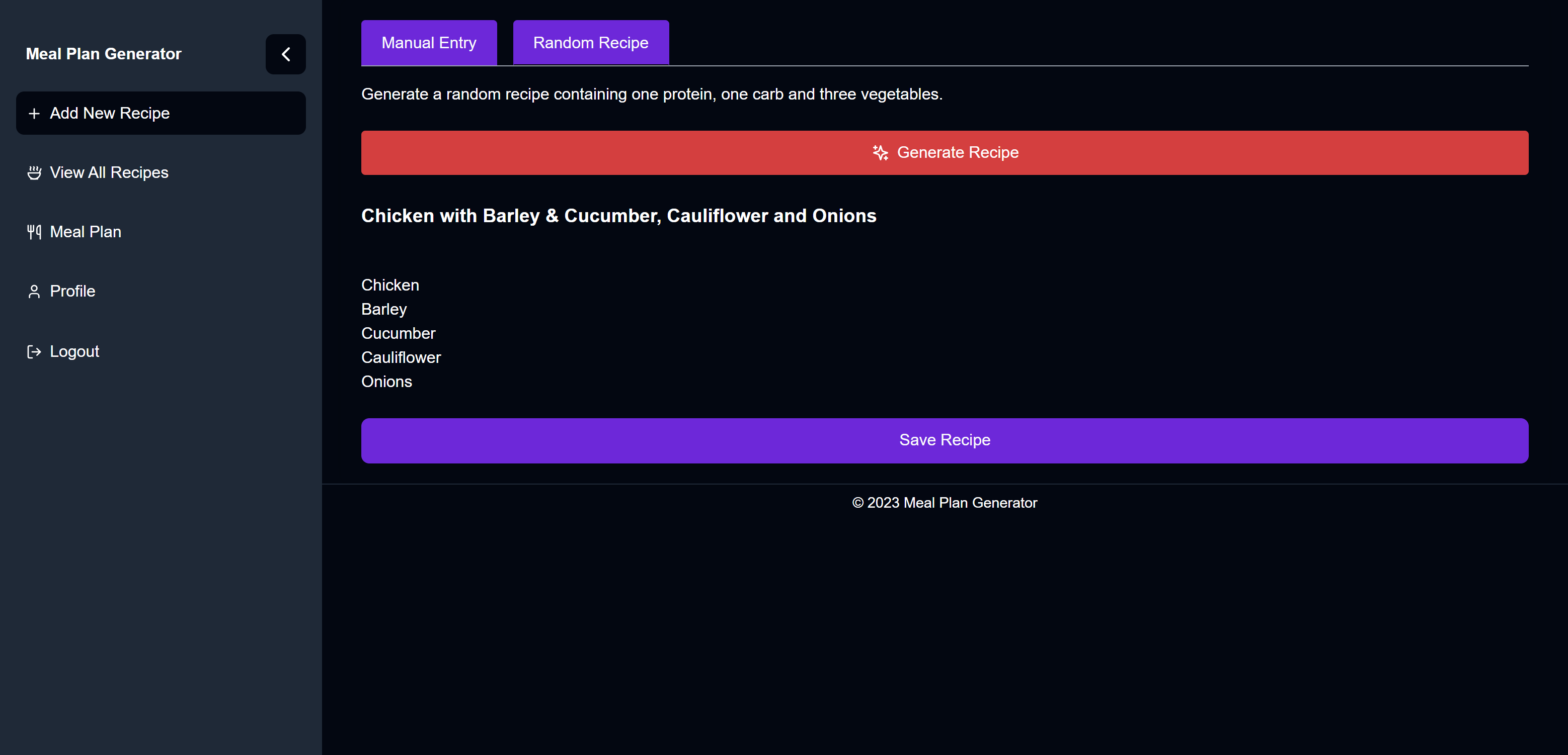 Generate new Recipe page - desktop view, dark mode